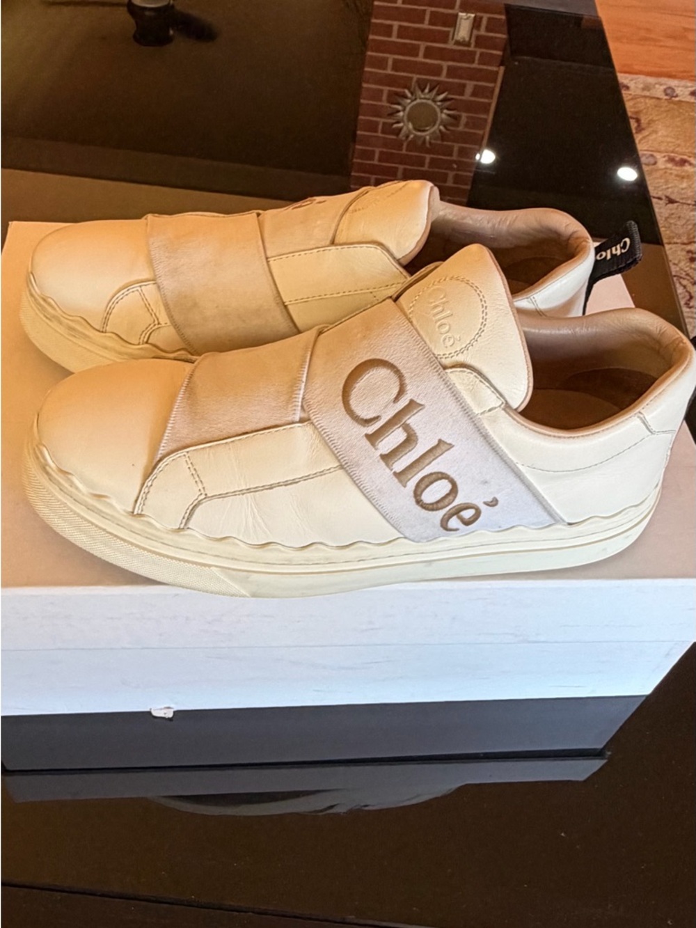 CHLOÉ 38 White Leather Slip-On Sneakers with Black Heel Tab